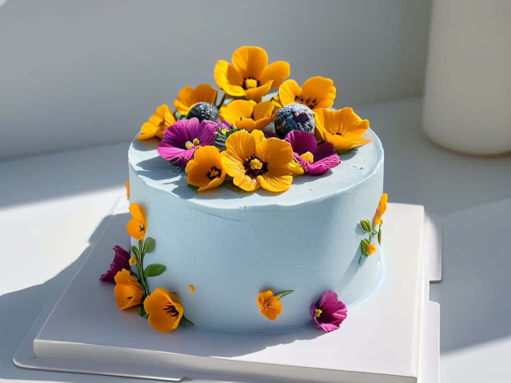  A closeup, ultradetailed image of a perfectly frosted vegan organic cake, adorned with intricate edible flowers and delicate swirls of icing, set on a sleek, minimalist white cake stand against a softfocus background of a sunlit kitchen. The vibrant colors of the flowers pop against the cake's smooth surface, highlighting the expert craftsmanship and artistry involved in vegan organic baking. hyperrealistic, full body, detailed clothing, highly detailed, cinematic lighting, stunningly beautiful, intricate, sharp focus, f/1. 8, 85mm, (centered image composition), (professionally color graded), ((bright soft diffused light)), volumetric fog, trending on instagram, trending on tumblr, HDR 4K, 8K