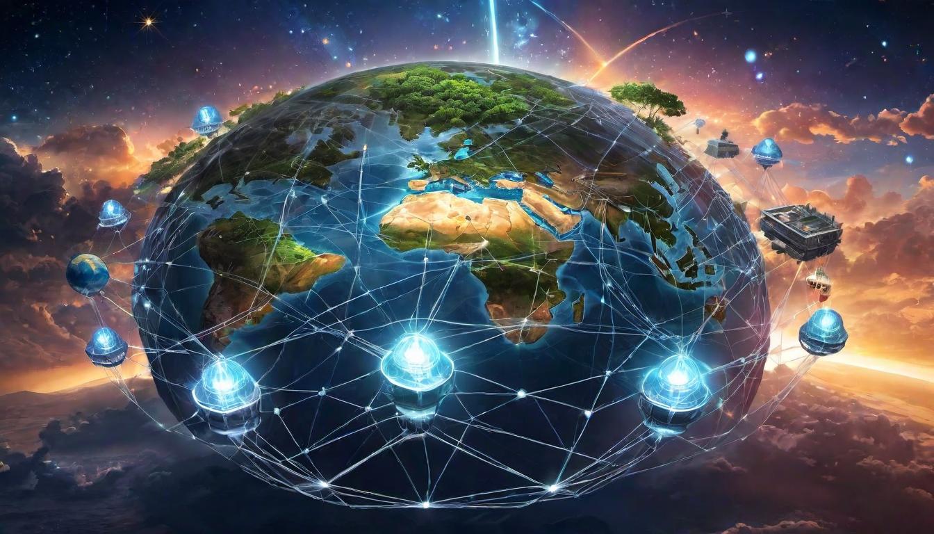  digital illustration, A network of light nodes connected across the earth, symbolizing unity and collective intention, the interconnected web of life, testament to power, looking at viewer, dynamic pose, (intricate details, masterpiece, best quality)