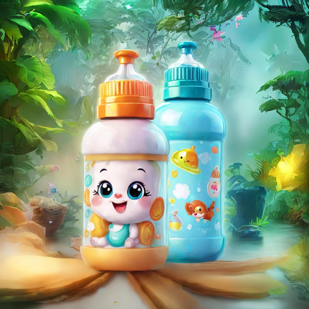  Cute cartoon illustration of a baby bottle floating in a lush, fantastical forest filled with vibrant flora and fauna. , best quality, ultrahigh resolution, highly detailed, (sharp focus), masterpiece, (centered image composition), (professionally color graded), ((bright soft diffused light)), trending on instagram, trending on tumblr, HDR 4K