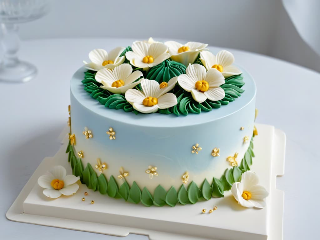  A closeup, ultradetailed image of a beautifully decorated glutenfree cake, featuring intricate piping work, delicate fondant flowers, and shimmering edible gold accents. The cake sits on a sleek, white marble countertop, with soft natural light casting elegant shadows that highlight the craftsmanship of the dessert. Each detail is meticulously captured, showcasing the artistry and precision involved in glutenfree baking. hyperrealistic, full body, detailed clothing, highly detailed, cinematic lighting, stunningly beautiful, intricate, sharp focus, f/1. 8, 85mm, (centered image composition), (professionally color graded), ((bright soft diffused light)), volumetric fog, trending on instagram, trending on tumblr, HDR 4K, 8K