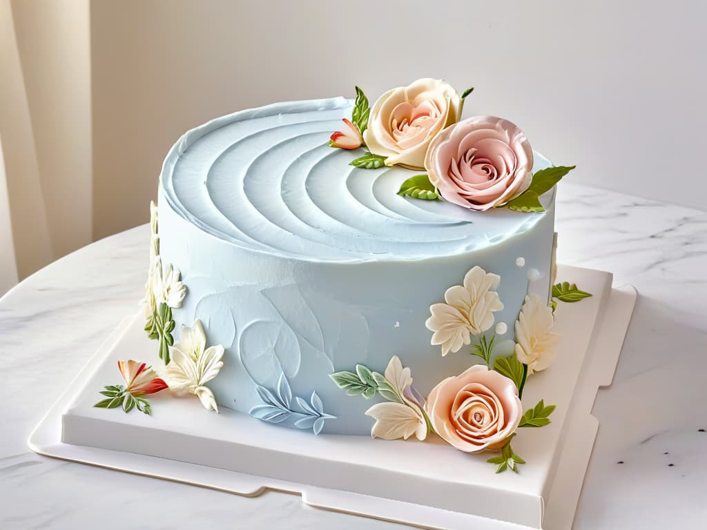  A closeup, ultradetailed image of a perfectly frosted cake with intricate, delicate piping designs in pastel colors, sitting on a sleek, white marble countertop. Each swirl and floral detail on the cake is impeccably executed, showcasing the artistry and precision of modern pastry decoration techniques. The lighting is soft and natural, casting gentle shadows that emphasize the texture and craftsmanship of the dessert. hyperrealistic, full body, detailed clothing, highly detailed, cinematic lighting, stunningly beautiful, intricate, sharp focus, f/1. 8, 85mm, (centered image composition), (professionally color graded), ((bright soft diffused light)), volumetric fog, trending on instagram, trending on tumblr, HDR 4K, 8K