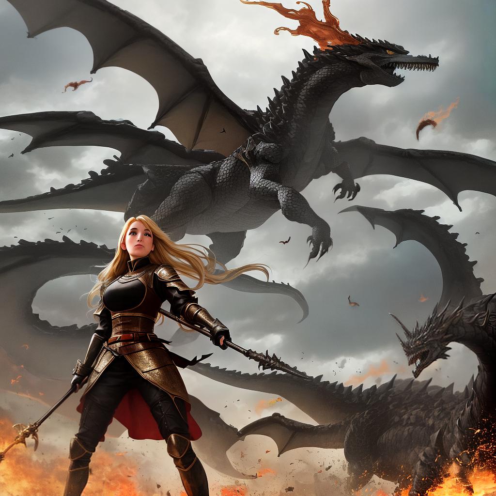  masterpiece, best quality, (Fidelity: 1.4), Best Quality, Masterpiece, Ultra High Resolution, 8k resolution, a girl with dirty blond hair, a spear in hand, standing on a big black dragon, five dragons behind her, flying in the sky, girl is standing in battle position