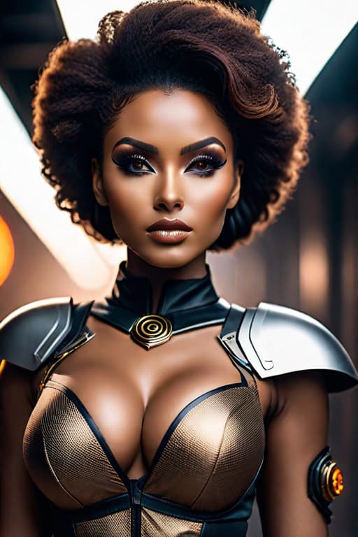  Women african super hero stood high, behind her, looking straight and busty, afro hair, brown eyes hyperrealistic, full body, detailed clothing, highly detailed, cinematic lighting, stunningly beautiful, intricate, sharp focus, f/1. 8, 85mm, (centered image composition), (professionally color graded), ((bright soft diffused light)), volumetric fog, trending on instagram, trending on tumblr, HDR 4K, 8K