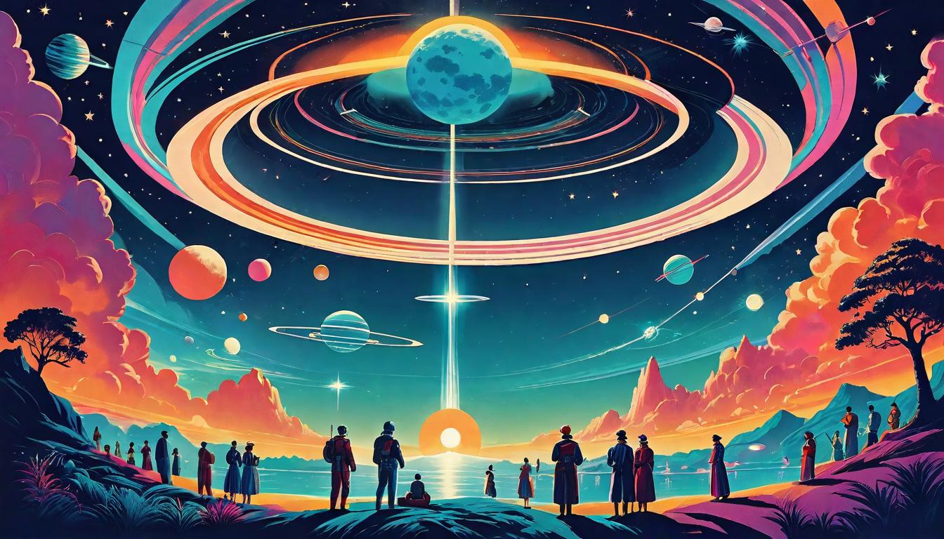  retro futuristic Groups of people in circles under the alignment of stars and planets, rituals in serene moonlit landscapes, Binding universal connections, Symbolic of community and unity, Empowering and mystical lvintage sci fi, 50s and 60s style, atomic age, vibrant, highly detailed