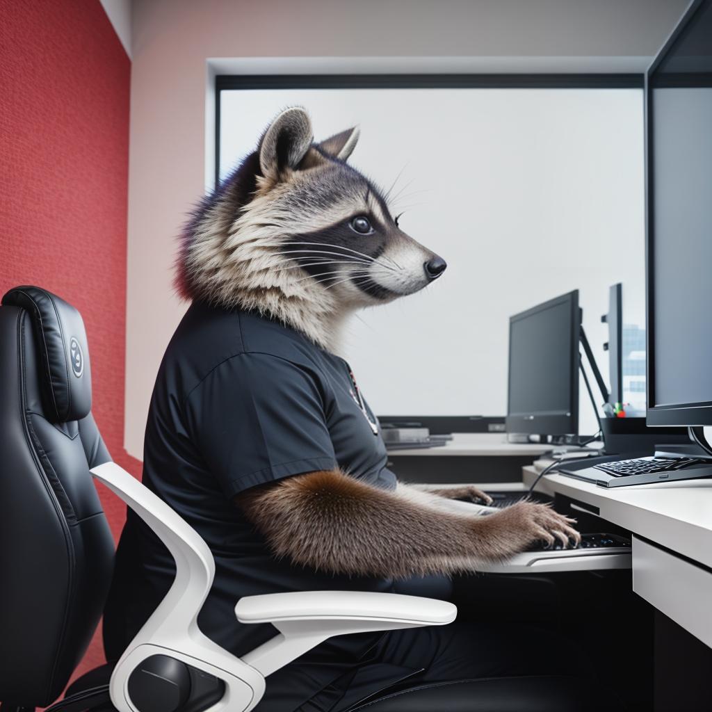  raccoon sitting in gaming chair front a computer on desktop, ((semi anthropomorphic)),(full body), tail, belly, sitting, fat, (chubby), (((white background))), solo, desktop, gaming chair, side view,  [[[clothes]]] hyperrealistic, full body, detailed clothing, highly detailed, cinematic lighting, stunningly beautiful, intricate, sharp focus, f/1. 8, 85mm, (centered image composition), (professionally color graded), ((bright soft diffused light)), volumetric fog, trending on instagram, trending on tumblr, HDR 4K, 8K