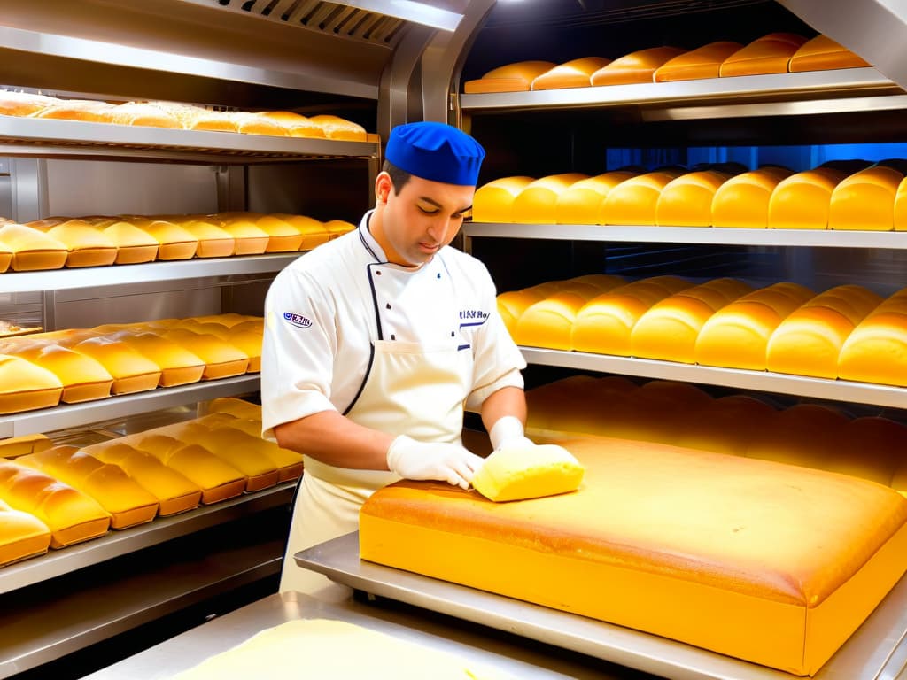  A photorealistic image of a skilled baker in a pristine bakery, meticulously folding a soft and elastic dough for panettone, surrounded by shelves filled with premium special yeast and fermentation ingredients. The warm glow of the oven illuminates the scene, casting a golden hue on the baker's focused expression as they work with precision and expertise. The air is filled with the comforting aroma of freshly baked bread, creating a sense of warmth and artisanal craftsmanship. hyperrealistic, full body, detailed clothing, highly detailed, cinematic lighting, stunningly beautiful, intricate, sharp focus, f/1. 8, 85mm, (centered image composition), (professionally color graded), ((bright soft diffused light)), volumetric fog, trending on instagram, trending on tumblr, HDR 4K, 8K