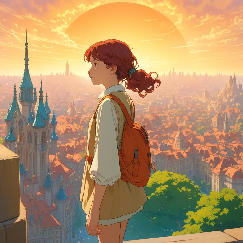  by Studio Ghibli and Alphonse Mucha, thick (science fiction scene:1.1) , looking away from camera, city, Selective focus