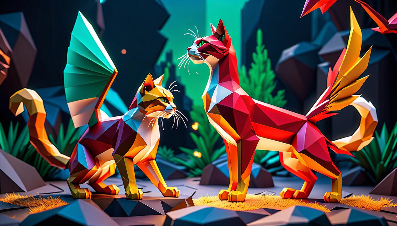  low poly style A few cats are fighting with BARSUKOM in the background of a phoenix. The cats can have different colors and appearances. . low poly game art, polygon mesh, jagged, blocky, wireframe edges, centered composition hyperrealistic, full body, detailed clothing, highly detailed, cinematic lighting, stunningly beautiful, intricate, sharp focus, f/1. 8, 85mm, (centered image composition), (professionally color graded), ((bright soft diffused light)), volumetric fog, trending on instagram, trending on tumblr, HDR 4K, 8K