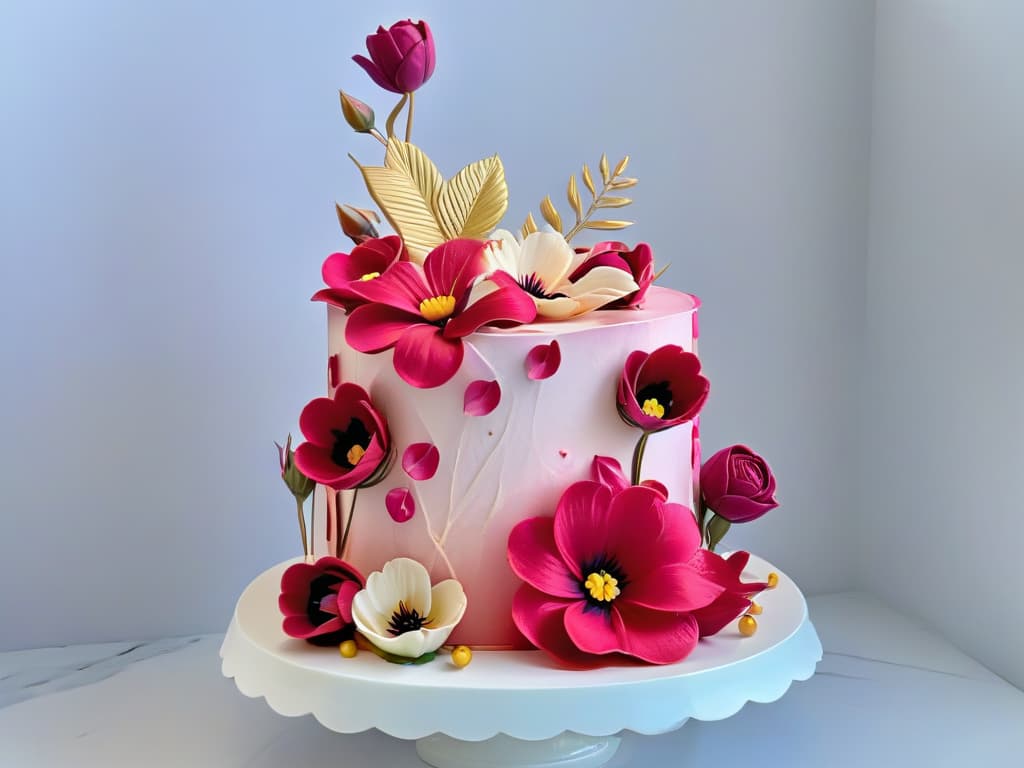  An ultradetailed image of a threetiered fondant cake standing on a sleek marble cake stand. The cake is meticulously decorated with cascading edible flowers in vibrant hues of pink, purple, and gold. Each flower is delicately handcrafted, showcasing intricate details and lifelike textures. The background is a soft focus, highlighting the cake as the focal point with a subtle glow emanating from its flawless surface. hyperrealistic, full body, detailed clothing, highly detailed, cinematic lighting, stunningly beautiful, intricate, sharp focus, f/1. 8, 85mm, (centered image composition), (professionally color graded), ((bright soft diffused light)), volumetric fog, trending on instagram, trending on tumblr, HDR 4K, 8K