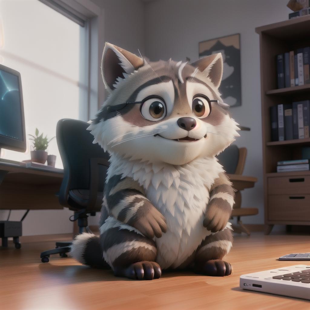  raccoon sitting in gaming chair front a computer on desktop, ((semi anthropomorphic)),(full body), tail, belly, sitting, fat, (chubby), (((white background))), solo, desktop, gaming chair, side view,  [[[clothes]]] hyperrealistic, full body, detailed clothing, highly detailed, cinematic lighting, stunningly beautiful, intricate, sharp focus, f/1. 8, 85mm, (centered image composition), (professionally color graded), ((bright soft diffused light)), volumetric fog, trending on instagram, trending on tumblr, HDR 4K, 8K