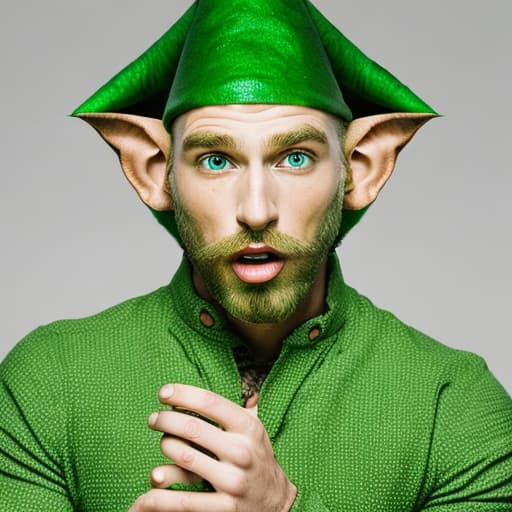 portrait+ style A handsome elf wears a green pointed hat, a green shirt, and green trousers in a field of blood roses