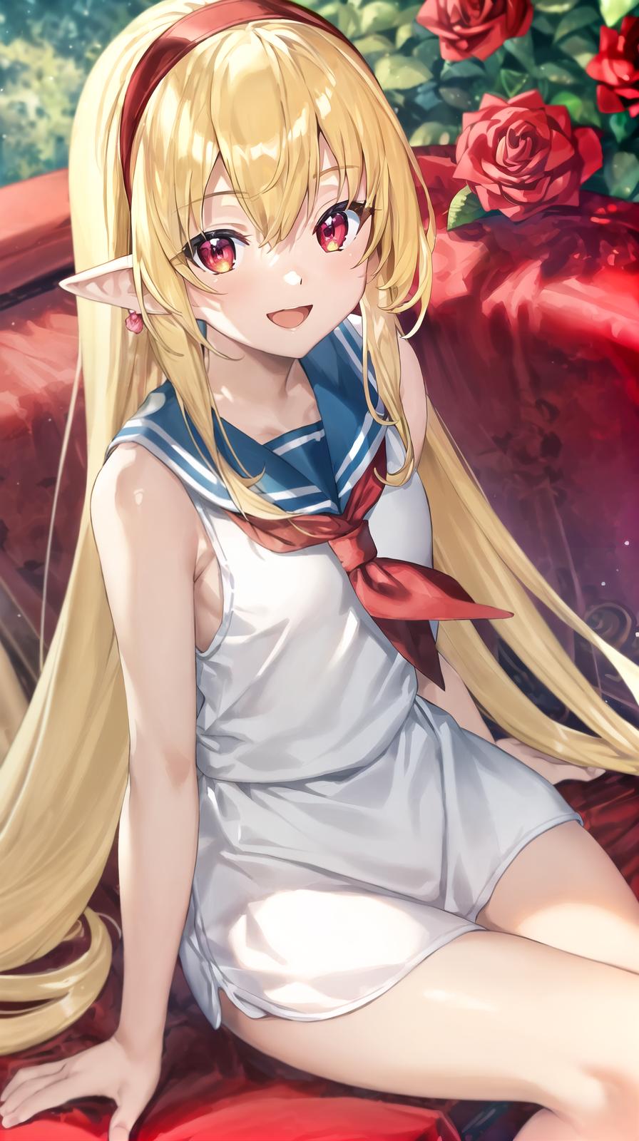  master piece , best quality,Very cute , (), light yellow hair, semi long hair, bangs too close to eyes, shiny red eyes, (normal human ears), thin arms, beautiful body, thin legs, normal s, clear white skin, fun smile, open mouth, (sleeveless sailor dress, super mini ). (rose garden), playing innocently, Ultra HD, DSLR, lots of colorful roses in background, upper body shot, sitting in gym, sitting on , running,