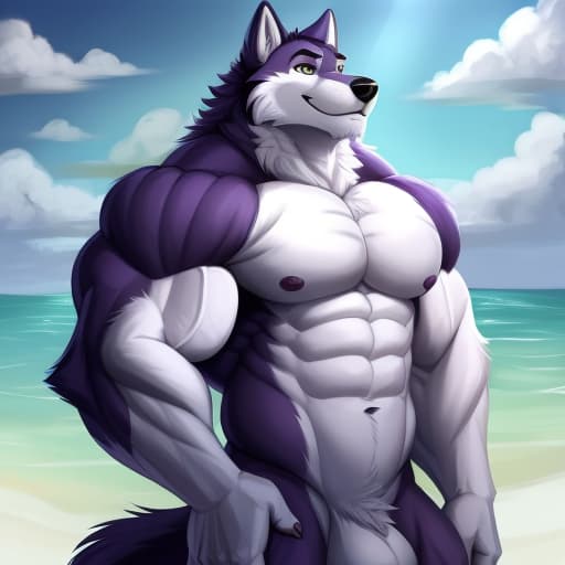  male, (Hyper muscular), wolf, anthropomorphic, )dark purple and white fur), (eyes without irises and pupils), (full body)(Gigantic biceps, triceps and pectorals), (cock), open eyes, digital art, masterpiece, 4k, fine details,