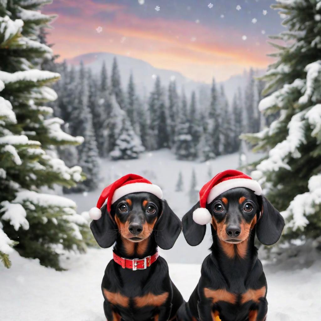  Two cute black dachshund in snowy land christmas vibe