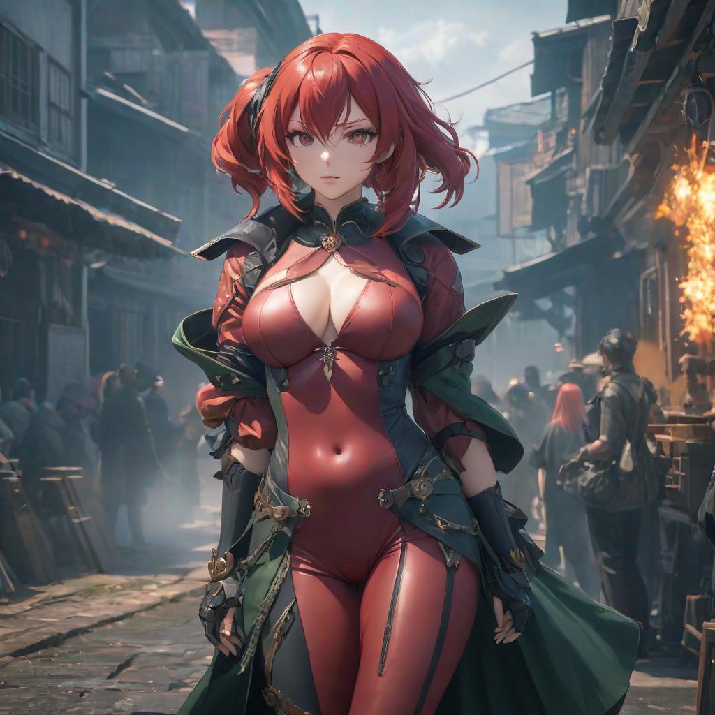  anime artwork woman with red hair . anime style, key visual, vibrant, studio anime, highly detailed hyperrealistic, full body, detailed clothing, highly detailed, cinematic lighting, stunningly beautiful, intricate, sharp focus, f/1. 8, 85mm, (centered image composition), (professionally color graded), ((bright soft diffused light)), volumetric fog, trending on instagram, trending on tumblr, HDR 4K, 8K