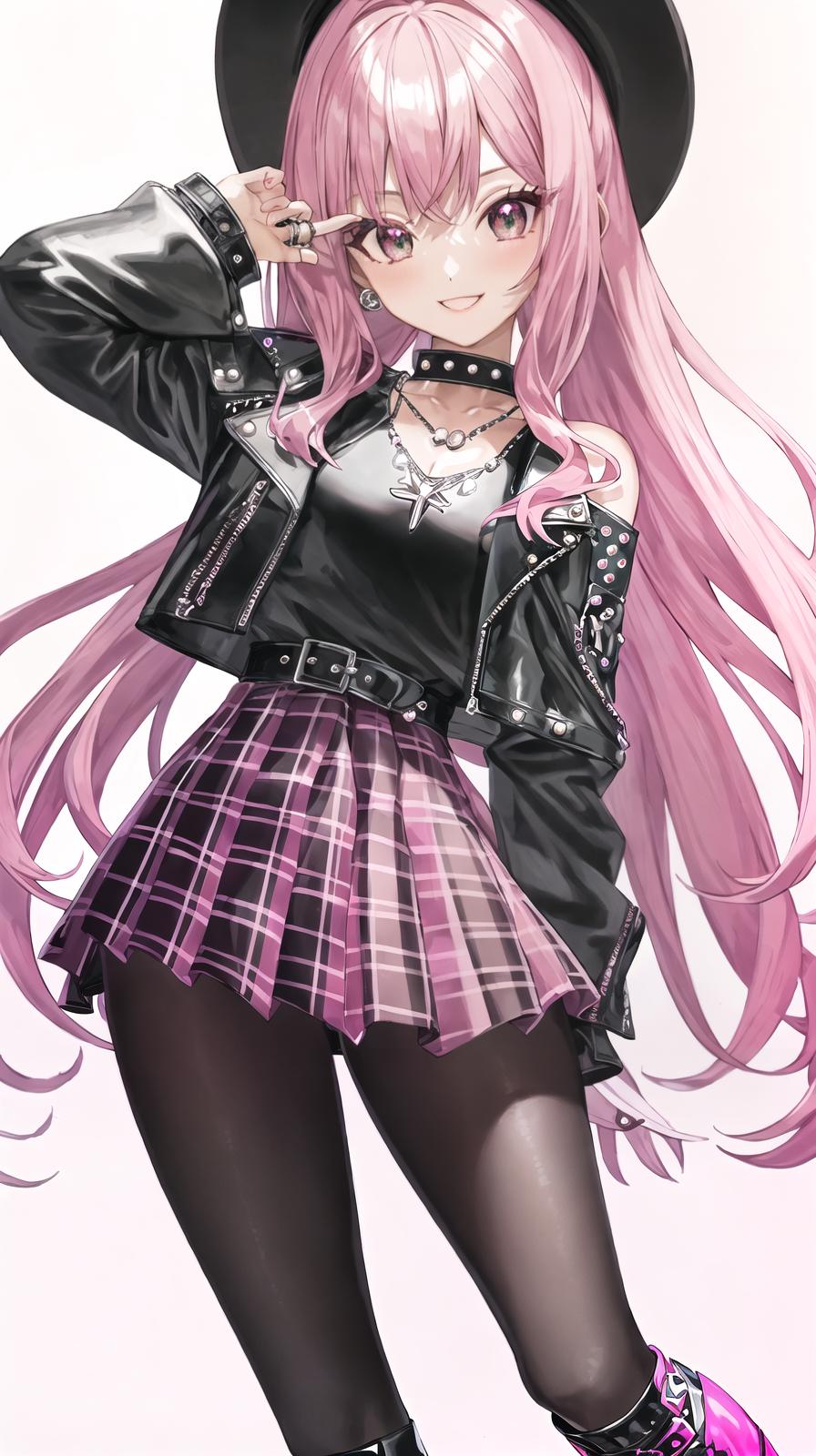  master piece , best quality,a , solo, silky pink hair, big emerald eyes, embellished black leather jacket, tight white top, plaid pleated , black and pink striped tights, high platform boots, heart pendant necklace, black leather celets with rivets silver, unique and eye catching ring, confident posture, mischievous smile, simple background, high quality anime, masterpiece