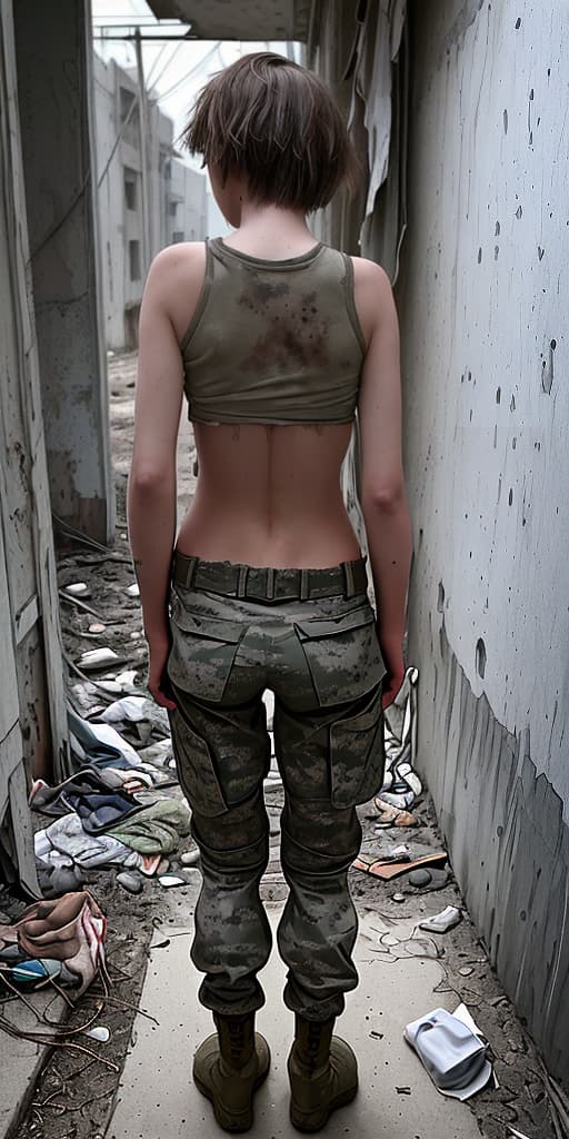  homeless-girl, takes off military pants, dirty, boy haircut, around the corner, in an abandoned place, with her back