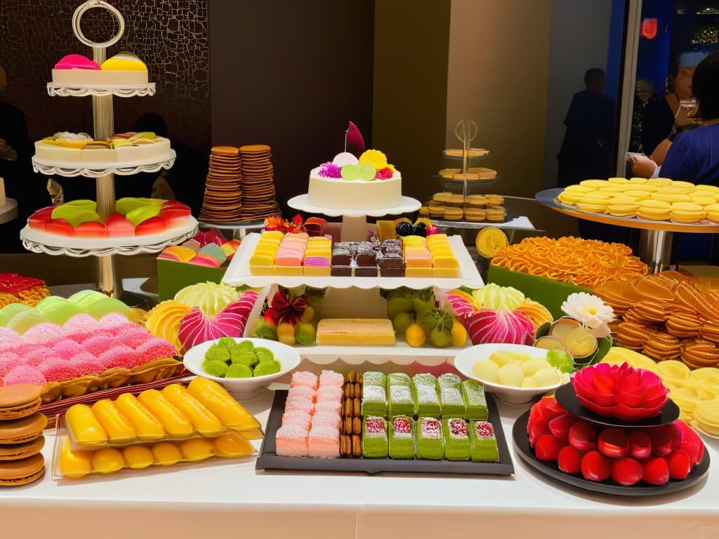  A photorealistic image of a vibrant dessert table filled with an array of colorful sweets from around the world. The table is adorned with treats like Turkish delight, French macarons, American apple pie, Japanese mochi, Mexican churros, and Indian jalebi, all beautifully arranged on elegant platters and stands. The desserts are intricately decorated with various toppings like fresh fruits, nuts, edible flowers, and chocolate drizzles, showcasing the diverse flavors and textures celebrated in inclusive desserts worldwide. The background features soft, diffused lighting that highlights the desserts' details and creates a warm, inviting atmosphere. hyperrealistic, full body, detailed clothing, highly detailed, cinematic lighting, stunningly beautiful, intricate, sharp focus, f/1. 8, 85mm, (centered image composition), (professionally color graded), ((bright soft diffused light)), volumetric fog, trending on instagram, trending on tumblr, HDR 4K, 8K