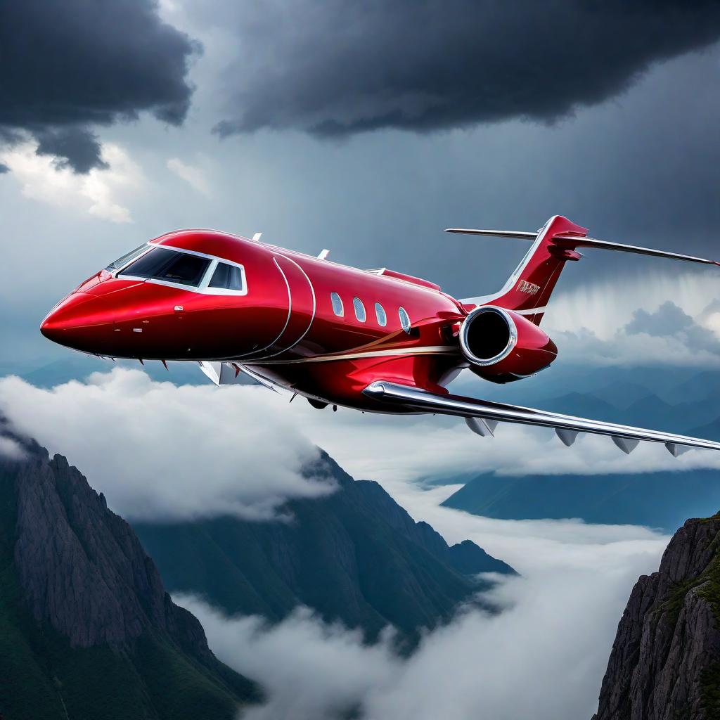  A red luxury private jet flying through thunderstorm clouds with mountains all around. The jet is sleek and modern, with polished metallic surfaces that reflect the flashes of lightning around it. Its red color is vibrant and bold, standing out against the dark and tumultuous thunderstorm clouds. The jet navigates skillfully through the storm, with the surrounding landscape featuring impressive mountains whose peaks reach towards the brooding sky. The scene is dramatic and dynamic, emphasizing the power and luxury of the jet amidst the raw forces of nature. hyperrealistic, full body, detailed clothing, highly detailed, cinematic lighting, stunningly beautiful, intricate, sharp focus, f/1. 8, 85mm, (centered image composition), (professionally color graded), ((bright soft diffused light)), volumetric fog, trending on instagram, trending on tumblr, HDR 4K, 8K