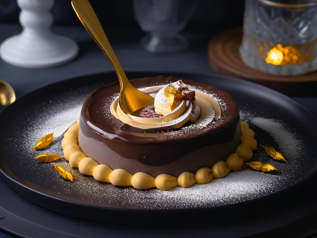  An 8k ultradetailed image of a delicate silver spoon sprinkling shimmering edible gold and silver dust onto a decadent chocolate dessert. The dessert is elegantly presented on a glossy black plate, emphasizing the luxurious and sophisticated touch of using edible gold and silver powder in culinary creations. The lighting is soft, highlighting the gleaming metallic particles as they delicately fall onto the dessert, creating a visually stunning and highend culinary scene. hyperrealistic, full body, detailed clothing, highly detailed, cinematic lighting, stunningly beautiful, intricate, sharp focus, f/1. 8, 85mm, (centered image composition), (professionally color graded), ((bright soft diffused light)), volumetric fog, trending on instagram, trending on tumblr, HDR 4K, 8K