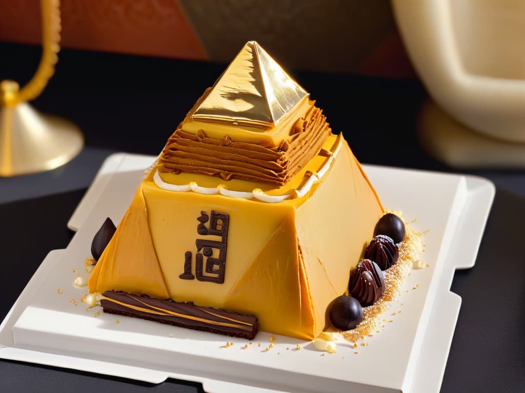  A stunning ultradetailed image of a beautifully intricate Egyptianinspired dessert, featuring delicate layers of phyllo pastry resembling the pyramids, with edible gold accents symbolizing the wealth of the pharaohs. The dessert is adorned with edible hieroglyphics and a miniature chocolate sculpture of the Sphinx, all displayed on a sleek, modern white plate against a black backdrop, highlighting the fusion of ancient Egyptian art with contemporary pastry design. hyperrealistic, full body, detailed clothing, highly detailed, cinematic lighting, stunningly beautiful, intricate, sharp focus, f/1. 8, 85mm, (centered image composition), (professionally color graded), ((bright soft diffused light)), volumetric fog, trending on instagram, trending on tumblr, HDR 4K, 8K