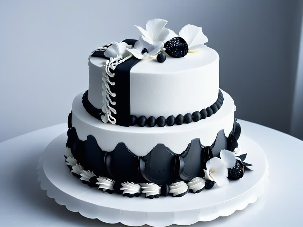  An elegant black and white closeup image of a beautifully textured fondant cake, showcasing intricate details and smooth finishes, with soft lighting enhancing the flawless craftsmanship. hyperrealistic, full body, detailed clothing, highly detailed, cinematic lighting, stunningly beautiful, intricate, sharp focus, f/1. 8, 85mm, (centered image composition), (professionally color graded), ((bright soft diffused light)), volumetric fog, trending on instagram, trending on tumblr, HDR 4K, 8K