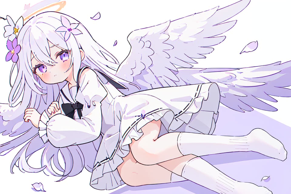  1girl,halo,on side,no shoes, hair ornament,white background,low wings,flower,black dress,feathered wings,blush,white sailor collar,very long hair,hair between eyes,closed mouth,frilled dress,white hair,dress,puffy long sleeves,,white wings,long sleeves,lying,puffy sleeves,socks,long hair,purple eyes,wings,hair flower,pleated dress,ribbon trim,sailor collar,high socks,solo,frills,white socks,crossover,loose socks,sailor dress,petals,bow,simple background,ribbon trimmed sleevesmasterpiece,newest,absurdres,safe