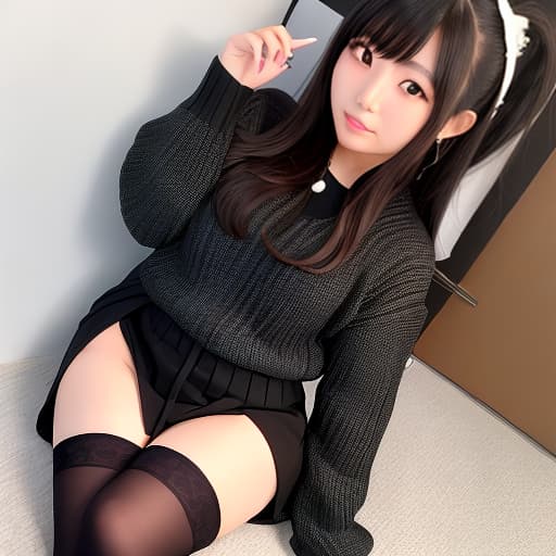  Japanese woman who is an angel. She is wearing a sweater and a miniskirt. She wears black stockings to the waist. She has brown eyes and very kind eyes. Long black hair. White angel wings. An angel's golden ring floating above her head. Wears a wedding ring. Girl Cute.