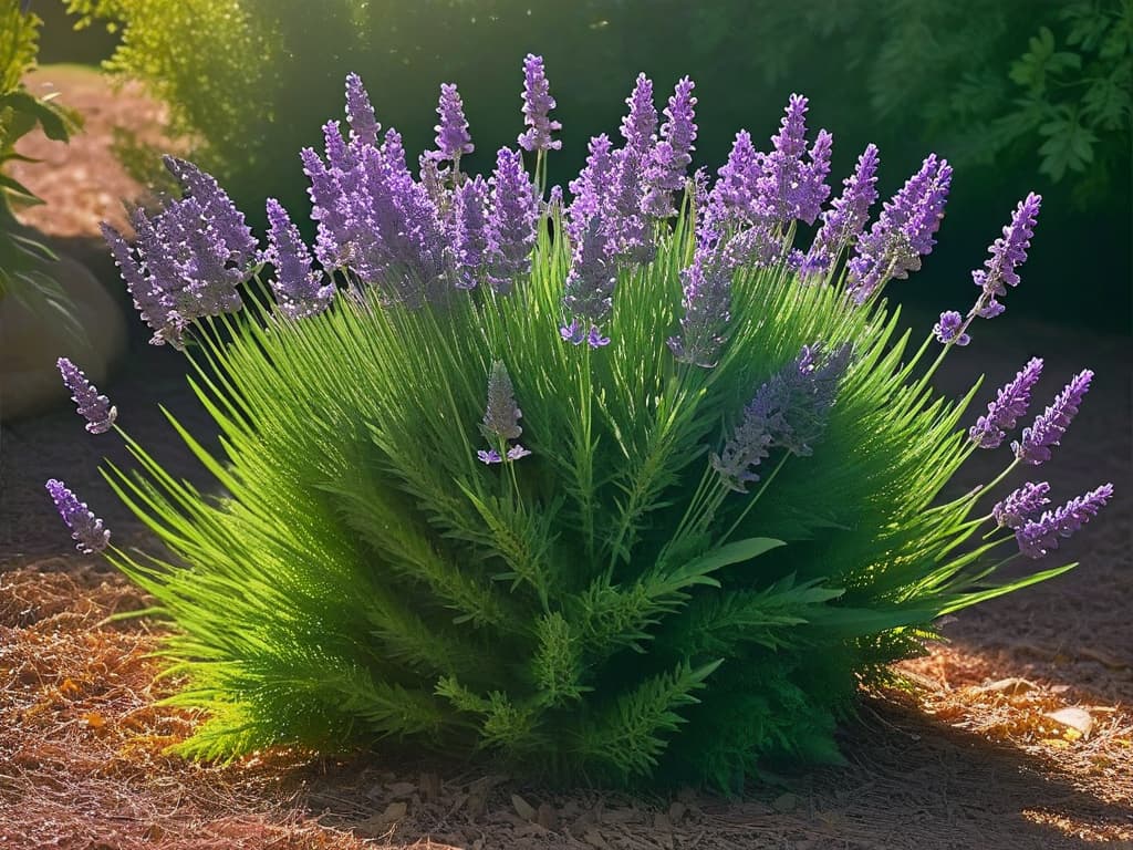  An ultradetailed image of a delicate lavender plant in full bloom, showcasing the intricate purple flowers and vibrant green leaves in exquisite detail. The sunlight gently filters through the leaves, casting a soft, natural glow on the plant. Each tiny petal and leaf vein is sharply defined, highlighting the beauty and complexity of this aromatic ingredient. hyperrealistic, full body, detailed clothing, highly detailed, cinematic lighting, stunningly beautiful, intricate, sharp focus, f/1. 8, 85mm, (centered image composition), (professionally color graded), ((bright soft diffused light)), volumetric fog, trending on instagram, trending on tumblr, HDR 4K, 8K