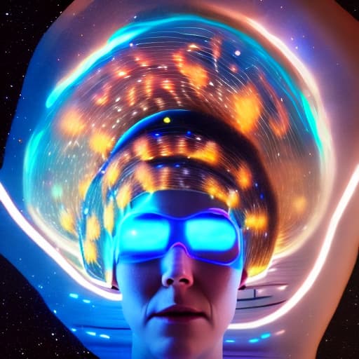 estilovintedois Make a human swimming in space with rare lights like brain waves