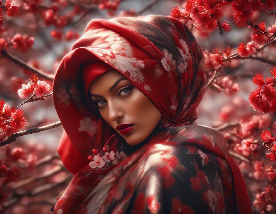  surrealist art A digital art portrait of a woman with a red headscarf, cherry blossoms in her hair, and serene landscape in the background. . dreamlike, mysterious, provocative, symbolic, intricate, detailed hyperrealistic, full body, detailed clothing, highly detailed, cinematic lighting, stunningly beautiful, intricate, sharp focus, f/1. 8, 85mm, (centered image composition), (professionally color graded), ((bright soft diffused light)), volumetric fog, trending on instagram, trending on tumblr, HDR 4K, 8K