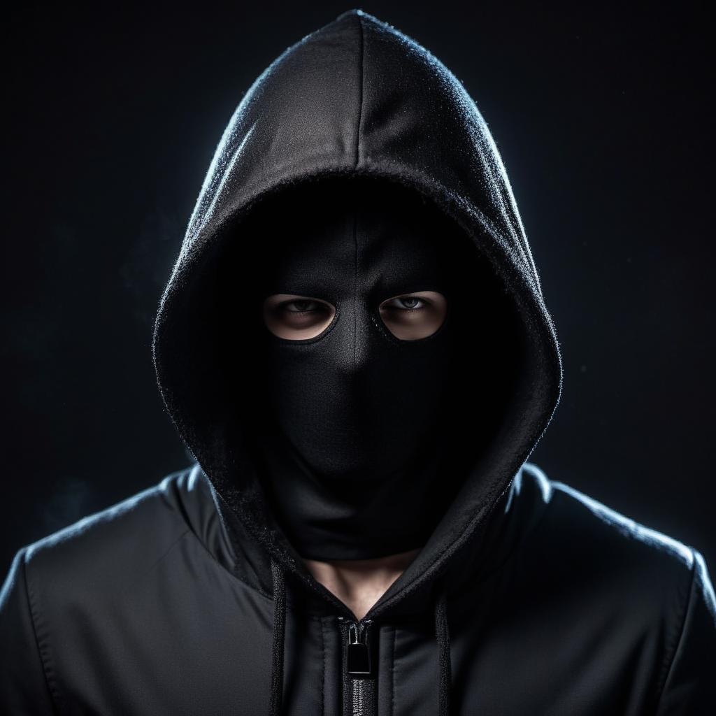  a man in a hood, his face covered with the black mask, night, turned sideways, dark jacket, super visualization.