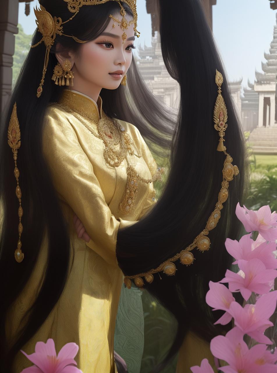  masterpiece, best quality, A mesmerizing visual image of a Javanese ancient queen gracefully donning a traditional royal outfit, exuding an aura of regality and elegance. She stands in front of a majestic temple adorned with intricate carvings and surrounded by lush greenery. The warm sunlight gently illuminates her face, casting a soft glow that highlights the intricate details of her attire and the ancient temple. The atmosphere is filled with a sense of tranquility and reverence, transporting viewers to a bygone era of rich cultural heritage. The photograph is captured in a photorealistic style, with vibrant colors and exquisite textures, creating a visual masterpiece that showcases the beauty and grandeur of Javanese tradition. (Realiza