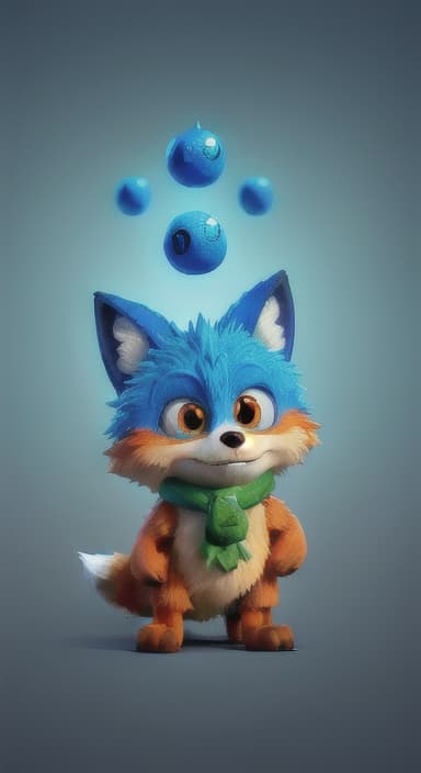  {Error the fox pressing the blue button with his paw, looking puzzled as nothing occurs., Error is a small, bright orange fox with a fluffy tail and big, inquisitive eyes. He has a mischievous yet kind expression and wears a tiny green scarf.