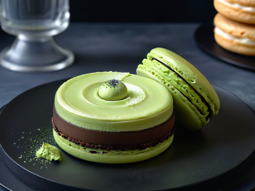  A closeup, ultrahighresolution image of a delicate, intricately designed matcha green tea macaron placed on a sleek, modern, black plate. The macaron is perfectly symmetrical, with a smooth, glossy surface that reflects soft ambient light. Its vibrant green color stands out against the dark background, showcasing the fine details of its texture and the dusting of matcha powder on top. The image captures the elegance and sophistication of matchainfused desserts, inviting the viewer to indulge in a moment of refined sweetness. hyperrealistic, full body, detailed clothing, highly detailed, cinematic lighting, stunningly beautiful, intricate, sharp focus, f/1. 8, 85mm, (centered image composition), (professionally color graded), ((bright soft diffused light)), volumetric fog, trending on instagram, trending on tumblr, HDR 4K, 8K