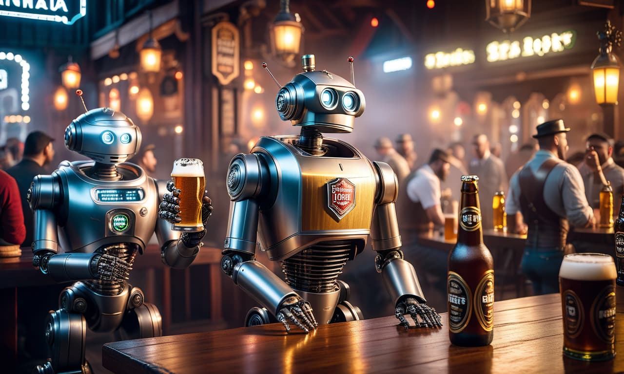  "Merry robots with beer" hyperrealistic, full body, detailed clothing, highly detailed, cinematic lighting, stunningly beautiful, intricate, sharp focus, f/1. 8, 85mm, (centered image composition), (professionally color graded), ((bright soft diffused light)), volumetric fog, trending on instagram, trending on tumblr, HDR 4K, 8K