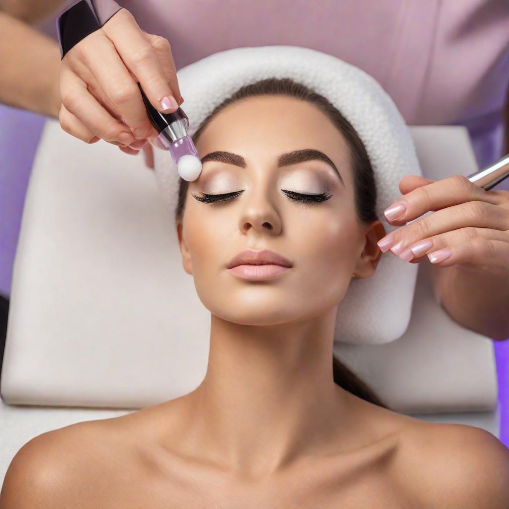  A close-up captures the delicate hands of a beauty technician spraying a soft foam over a woman's long, fluttering false eyelashes. The atmosphere inside the beauty shop is calm and serene, with soft background music. The soft lighting highlights the calm expression of the woman when she closes her eyes, trusting the technician's expertise. The photos are taken in realistic style, vivid colors and precise details. Stylish and modern, the foam bottle adds a touch of elegance to the scene. The realization of the photo is done in a fresh style, bright and vivid colors emphasize the cleanliness and purity of the false eyelash cleaning process.