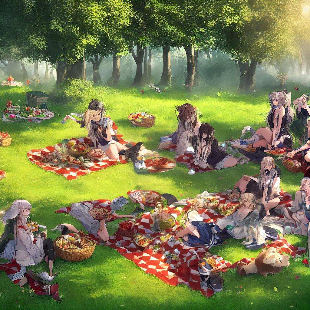  ((masterpiece)),(((best quality))), 8k, high detailed, ultra-detailed. A picnic. A group of friends ((sitting on a red and white checkered blanket)), enjoying a sunny day in a lush green park, surrounded by tall trees. The friends are laughing and sharing food ((including sandwiches, fruit, and a colorful picnic basket)). A dog ((with a wagging tail)) is eagerly waiting for a treat. The scene is filled with vibrant colors, with the sunlight ((casting long shadows)) on the grass. hyperrealistic, full body, detailed clothing, highly detailed, cinematic lighting, stunningly beautiful, intricate, sharp focus, f/1. 8, 85mm, (centered image composition), (professionally color graded), ((bright soft diffused light)), volumetric fog, trending on instagram, trending on tumblr, HDR 4K, 8K