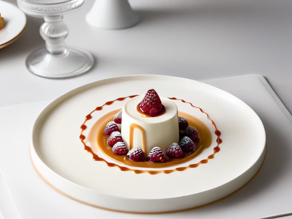  A delicate white porcelain plate featuring a modern interpretation of classic desserts: a sleek, perfectly cylindrical mousse elegantly topped with a single raspberry, beside it, a flawless panna cotta drizzled with a minimalist swirl of caramel sauce. The background is a softfocus, monochromatic palette to highlight the simplicity and elegance of the desserts, emphasizing the fusion of classic flavors with a contemporary design approach. hyperrealistic, full body, detailed clothing, highly detailed, cinematic lighting, stunningly beautiful, intricate, sharp focus, f/1. 8, 85mm, (centered image composition), (professionally color graded), ((bright soft diffused light)), volumetric fog, trending on instagram, trending on tumblr, HDR 4K, 8K