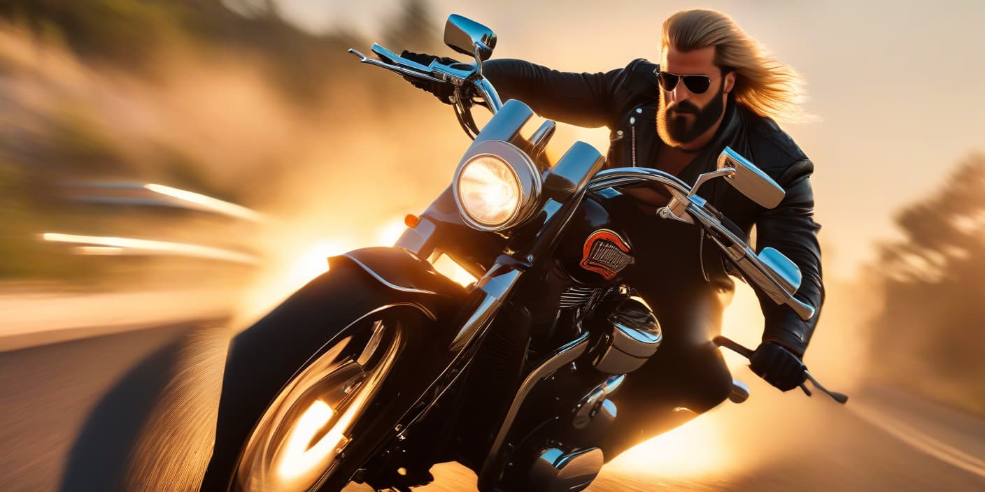  Frame on the side. A stern man rides a Harley Davidson motorcycle along a country road during sunset. He has light hair and a small beard. Wearing a leather jacket. On his finger, a biker ring. Very strong blur of movement: 1.5. hyperrealistic, full body, detailed clothing, highly detailed, cinematic lighting, stunningly beautiful, intricate, sharp focus, f/1. 8, 85mm, (centered image composition), (professionally color graded), ((bright soft diffused light)), volumetric fog, trending on instagram, trending on tumblr, HDR 4K, 8K