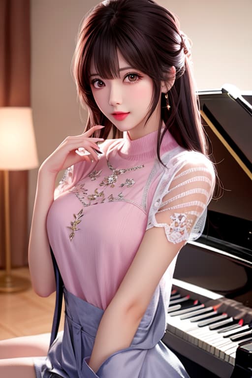  Girl with bangs and shortish dark hair that is playing piano and is wearing a pink T shirt hyperrealistic, full body, detailed clothing, highly detailed, cinematic lighting, stunningly beautiful, intricate, sharp focus, f/1. 8, 85mm, (centered image composition), (professionally color graded), ((bright soft diffused light)), volumetric fog, trending on instagram, trending on tumblr, HDR 4K, 8K