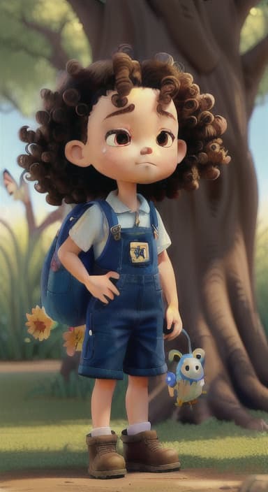  {Riley standing under the tree with eyes closed, making the wish., Riley, a curious with big brown eyes and curly hair, wearing overalls and carrying a small backpack. Their friend, Skye, a bluebird with shiny feathers.