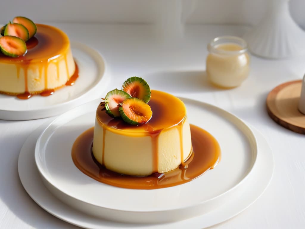  A minimalist and elegant image showcasing a perfectly caramelized flan resting on a delicate porcelain plate. The flan is smooth and creamy, with a golden caramel drizzle cascading down its sides. The plate is placed on a pristine white table, with soft natural light illuminating the dessert, highlighting its velvety texture and inviting appearance. The simplicity of the composition enhances the beauty and allure of the homemade flan, making it a visually captivating representation of the art of pastrymaking. hyperrealistic, full body, detailed clothing, highly detailed, cinematic lighting, stunningly beautiful, intricate, sharp focus, f/1. 8, 85mm, (centered image composition), (professionally color graded), ((bright soft diffused light)), volumetric fog, trending on instagram, trending on tumblr, HDR 4K, 8K