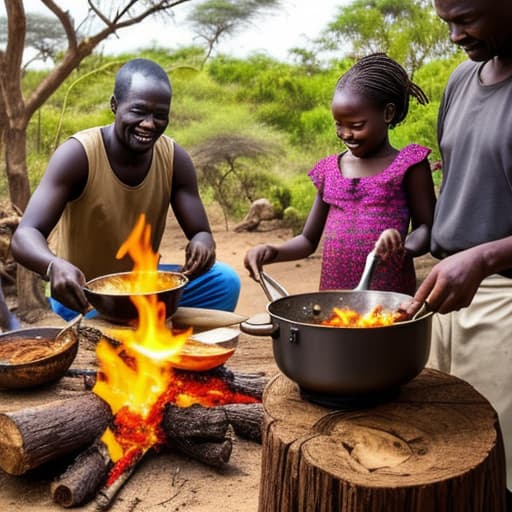  African family cooking food on fire wood