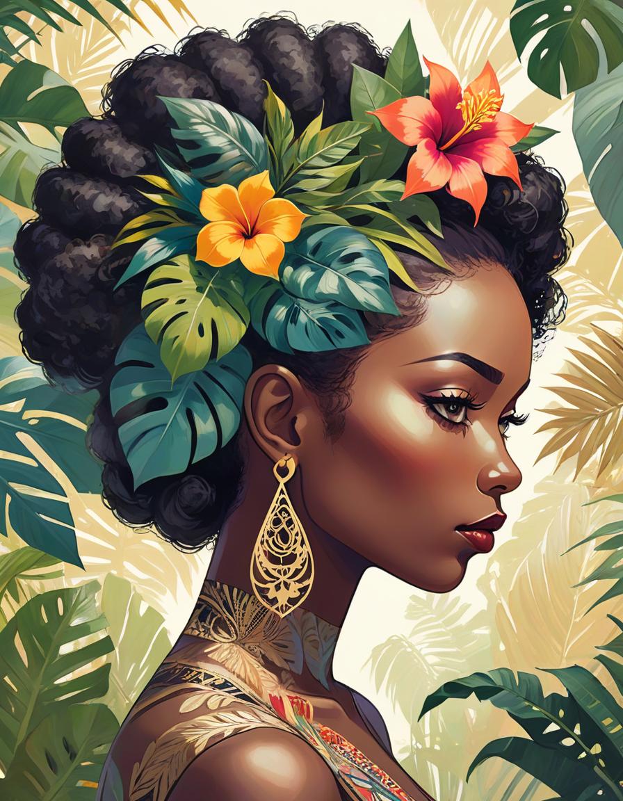  abstract expressionist painting Double exposure digital photography. Distant background. Image of an African woman with a bright exotic flower in her hair, against a backdrop of tropical plants. Her silhouette is filled with intricate details of botanical illustrations. Zentangle, doodle, ethnic ornaments. Fine gold outline, (potale: 0.8). Stylistics: realism, surrealism, concept art, Victorian rococo, romanticism. In the manner of Mucha and Klimt. High detail and high quality. . energetic brushwork, bold colors, abstract forms, expressive, emotional hyperrealistic, full body, detailed clothing, highly detailed, cinematic lighting, stunningly beautiful, intricate, sharp focus, f/1. 8, 85mm, (centered image composition), (professionally color graded), ((bright soft diffused light)), volumetric fog, trending on instagram, trending on tumblr, HDR 4K, 8K