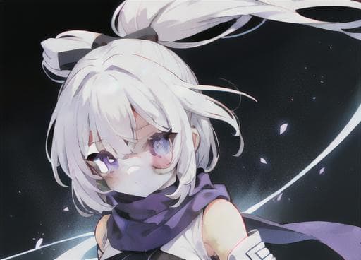 upper body, white hair, ponytail, purple eyes, (ninja), short sword, medium breats ,scarf, wallpaper, magic circle background, light particles, blue fire