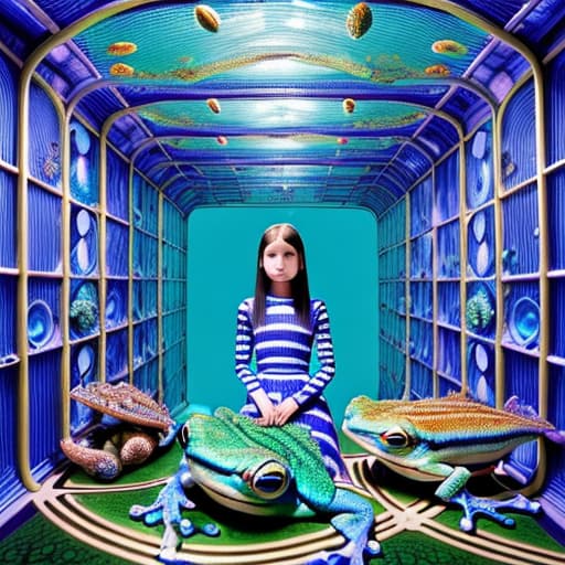  A young woman holding a coloured frog gecko in a sky blue and white striped surrounded by striped rusty metal robotic fishes from a dstopian labyrinth , stable diffusion, absolute reality v1.6, perfect symmetry, photo realistic raw, in the style of hr giger and jacek yerka and moebius victorian era, atmospheric and wabi sabi look