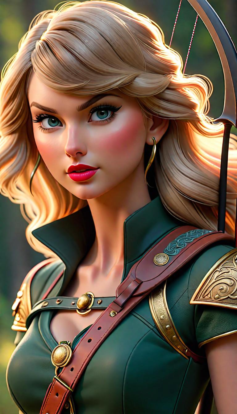  Professional 3D model of Taylor Swift as an archer . Rendered with Octane, the model is highly detailed,dramatic lighting. hyperrealistic, full body, detailed clothing, highly detailed, cinematic lighting, stunningly beautiful, intricate, sharp focus, f/1. 8, 85mm, (centered image composition), (professionally color graded), ((bright soft diffused light)), volumetric fog, trending on instagram, trending on tumblr, HDR 4K, 8K