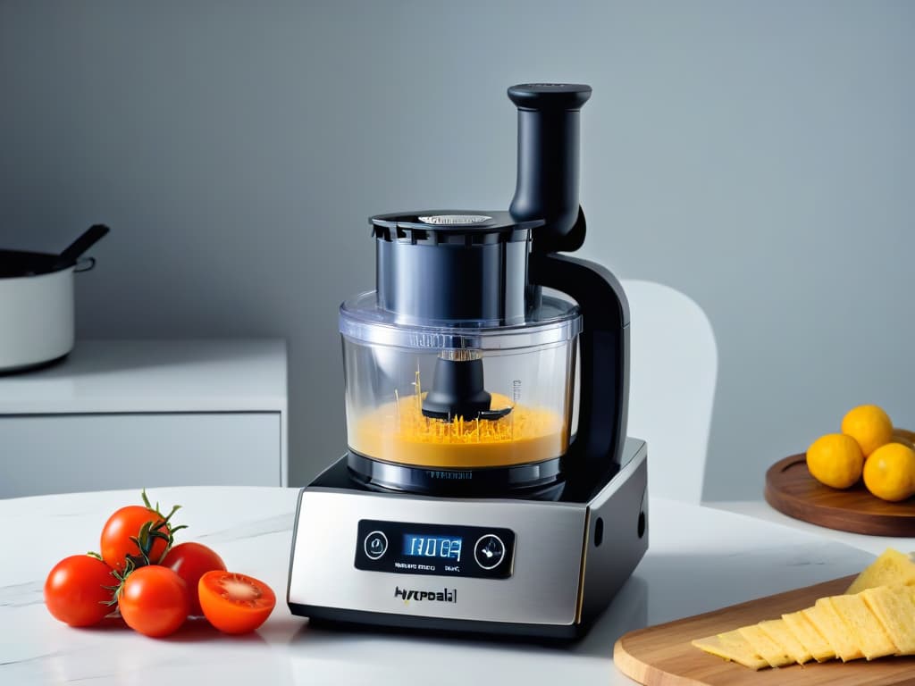  A closeup, ultradetailed image of a sleek, modern highend food processor in a luxurious kitchen setting. The focus is on the intricate design and sharp blades of the processor, capturing the essence of precision and efficiency in food preparation. The minimalistic style highlights the elegance and sophistication of the kitchen appliance, appealing to the professional and aspirational tone of the article. hyperrealistic, full body, detailed clothing, highly detailed, cinematic lighting, stunningly beautiful, intricate, sharp focus, f/1. 8, 85mm, (centered image composition), (professionally color graded), ((bright soft diffused light)), volumetric fog, trending on instagram, trending on tumblr, HDR 4K, 8K