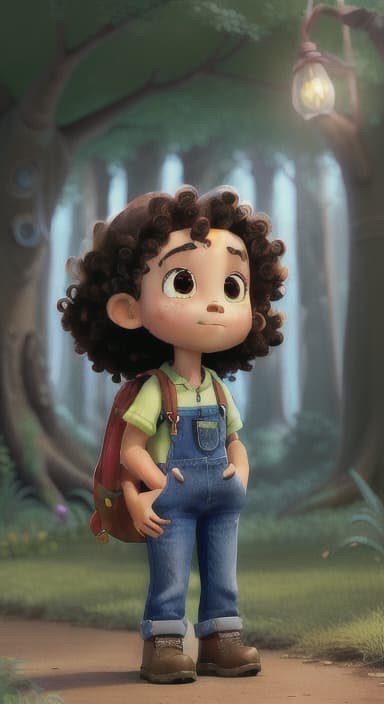  {The tree shining brightly and releasing a gentle, magical light., Riley, a curious with big brown eyes and curly hair, wearing overalls and carrying a small backpack. Their friend, Skye, a bluebird with shiny feathers.